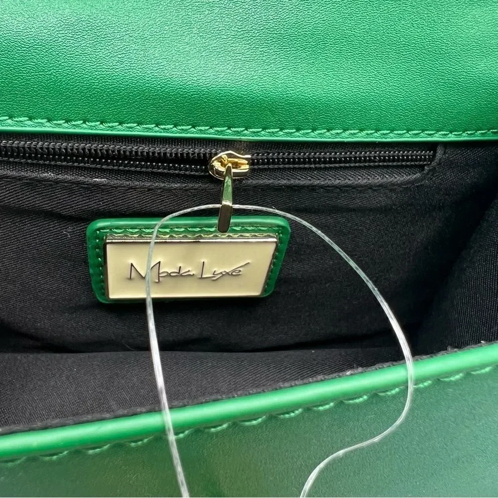 Moda Luxe Elizabeth Crossbody Bag Green Faux Leather Top Handle Chain Strap